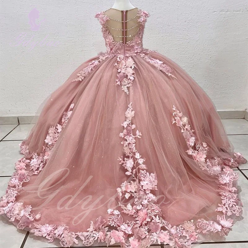 Pink 3d Applique Flower Girl Dress For Wedding Shining Puffy Tulle Floor Length Luxury Kids Birthday Baby Party Ball Gown