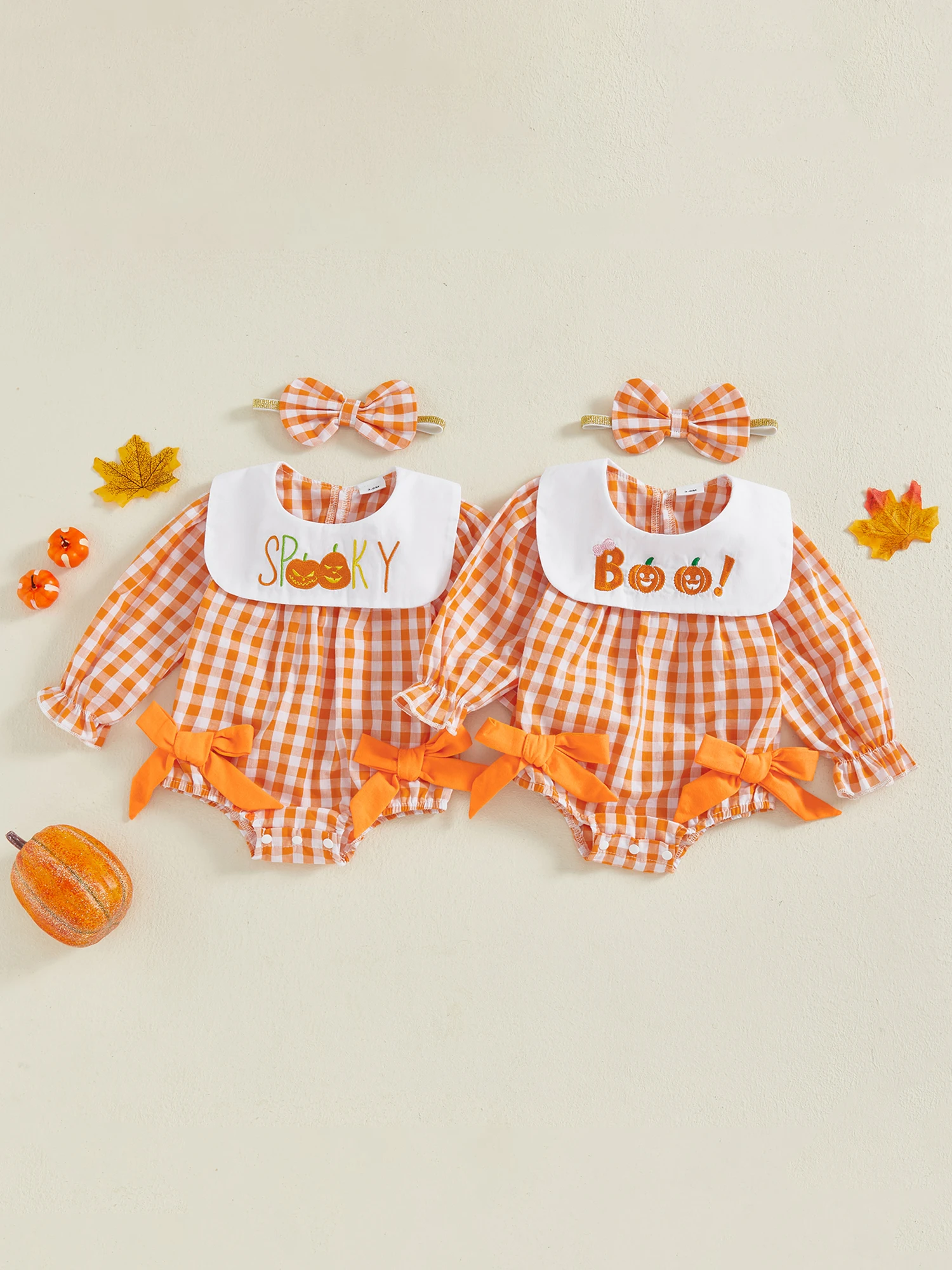 

Toddler Girl Tartan Romper Autumn Harvest Pumpkin Applique Ribbon Tie Crew Neck Long Sleeve Bubble Playsuit with Matching
