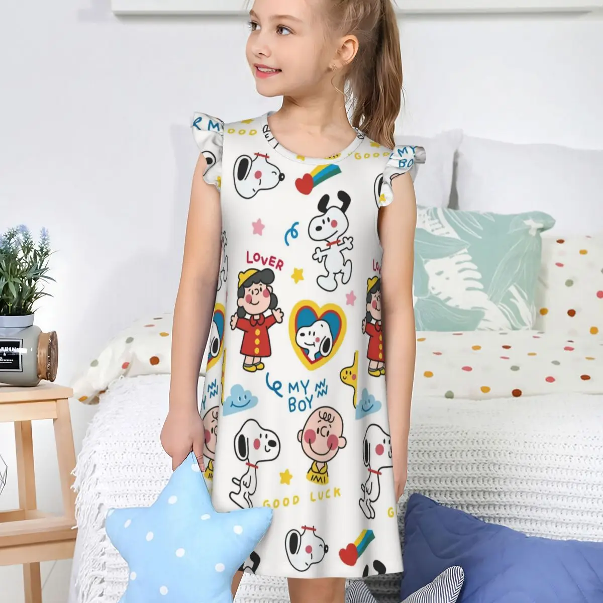 Girl's Snoopy And Freinds Lucy van Pelt Nightgowns Kawaii Night Dress Sleepwear Charlie Brown Pajamas Nightie for Little Girls