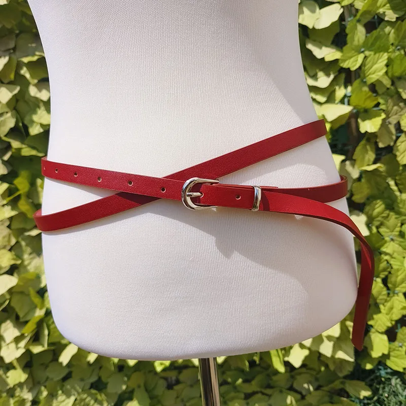 Fashionable Extended Double-Loop Tied Slim Belt Dress Accent Waist Chain Versatile Minimalist Women’s Narrow Leather Belts