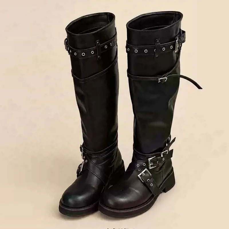 Eilyken Street Design Multi Belt Metal Buckle Knee-High Boots Women Low Heels Shoes Fashion Hot Girl Motorcycle Knight Booties