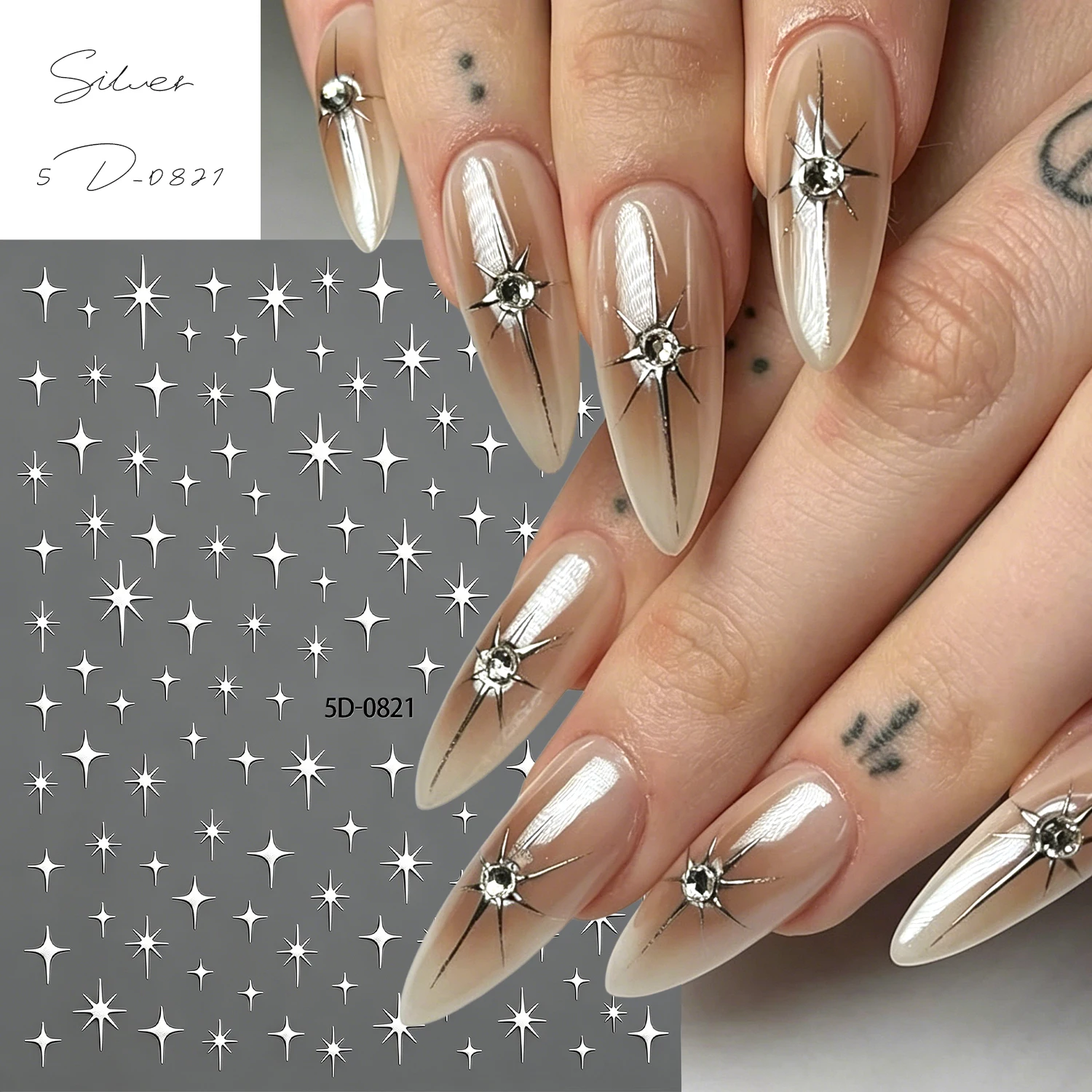 1Pcs Sparkle Silver Starlight Nail Sticker 5D Metallic Mirror Silvery Cross Star Nail Decals Y2k Starburst Manicure Slider Decor 2