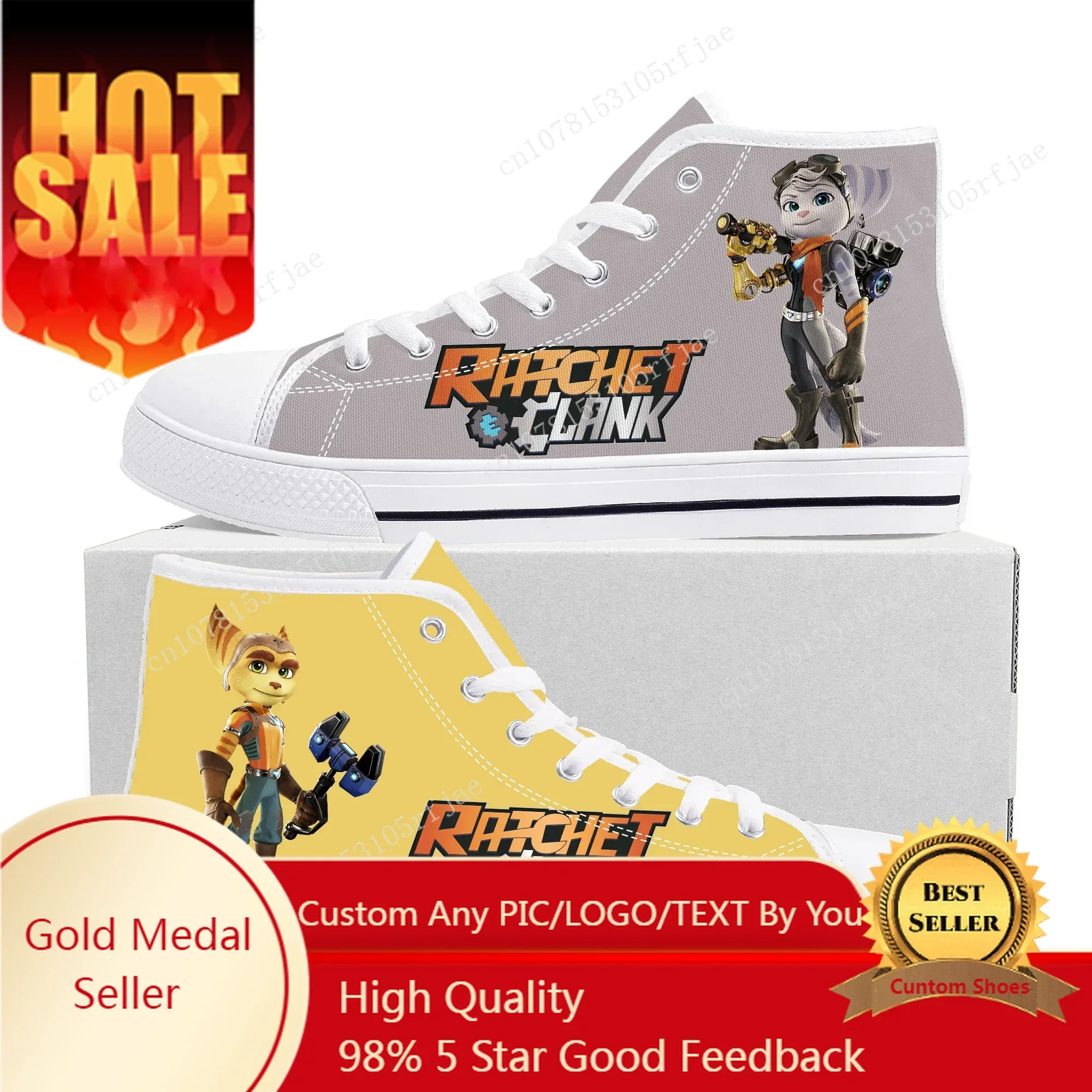 Ratchet & Clank Rift Apart High Top Sneakers Cartoon Game Men Women High Quality Canvas Shoes Casual Fashion Tailor Made Sneaker