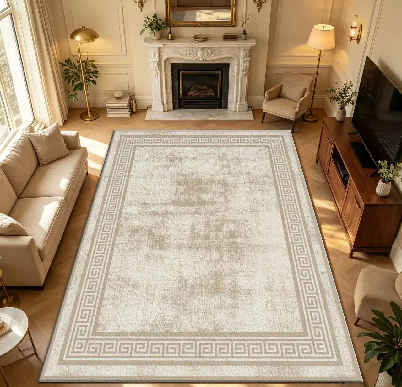 Square Beige Greek Key Border Distressed Square Area Rug Non-Slip Washable Square Carpet For Living Room Bedroom Home Decor