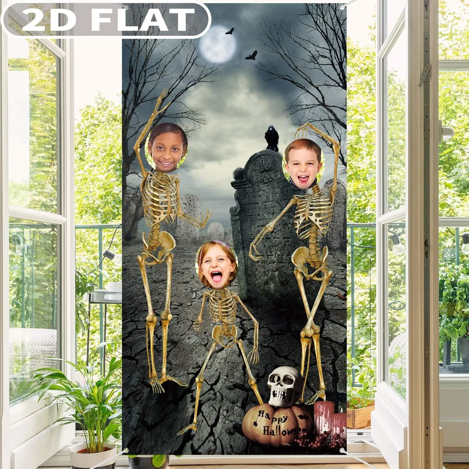1pc Halloween Skeleton Party Banner, Photo Hole in Face Skull Banner, 3x6 FT Polyester Photography Background for Halloween