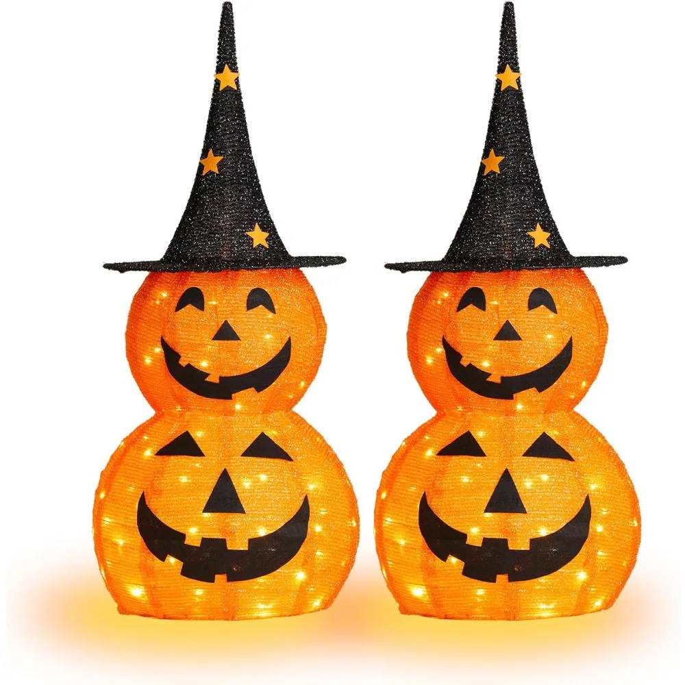 3FT Cute Collapsible Lighted Halloween Decorations Outdoor, 2-PCS Pop Up Halloween Pumpkin Decorations