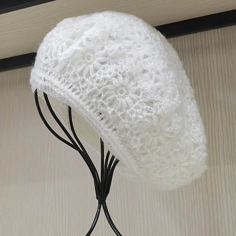 New Winter Crochet Beret for Women Wool Knit Hat Elastic French Slouchy Beret Handmade Floral Beanie Hat Girl Female Warm Cap