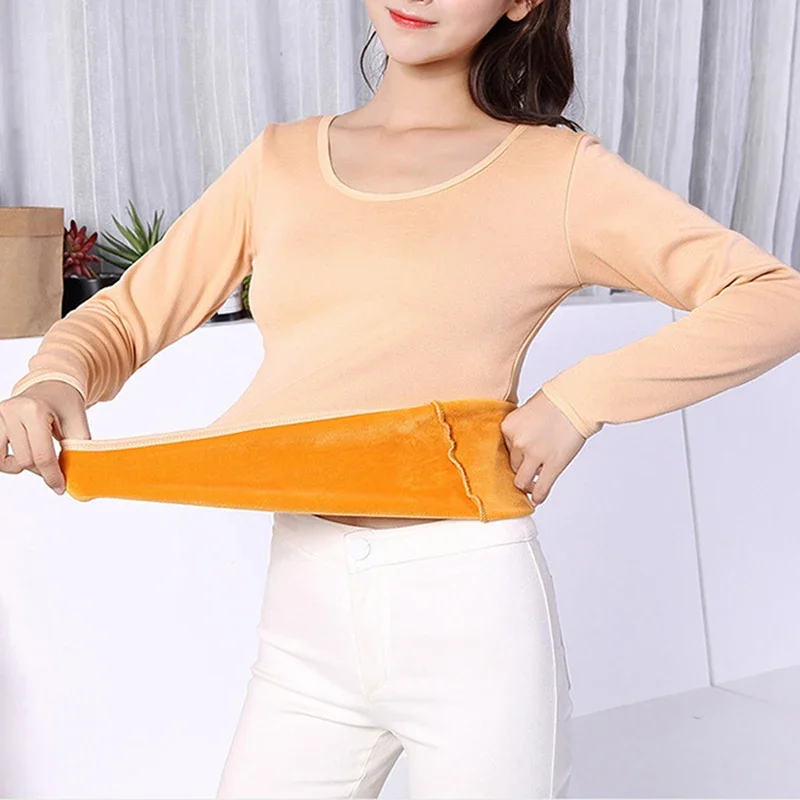 Women Winter Long Sleeve Single Layer Soild Color Velvet Thermal Clothing Underwear O-Neck Basic For Thermos Tops Female