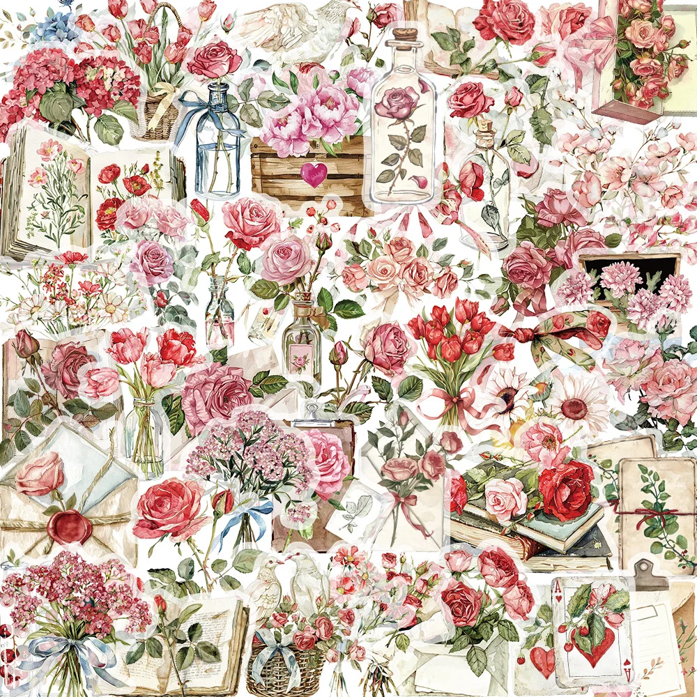 

50Pcs Vintage Rose Flowers and Letter Stickers Waterproof Graffiti Sticker Aesthetic Decorative Luggage Cup Guitar Laptop Phone