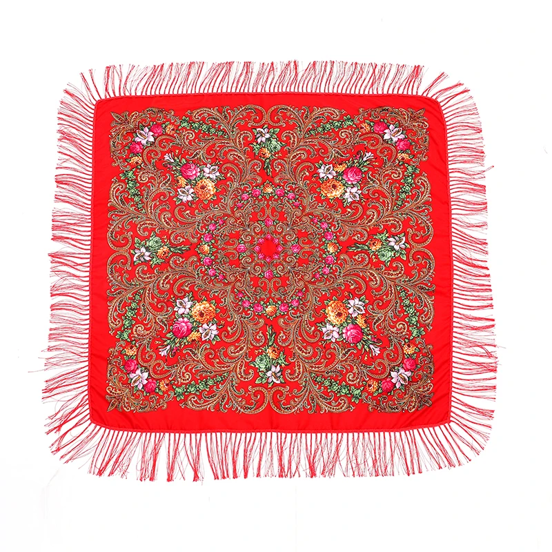 51*51in Square Women Scarf Shawl ukrainian embroidery Retro Fringed Cotton Print Scarves Hijab Wraps Russian Cape Bandana