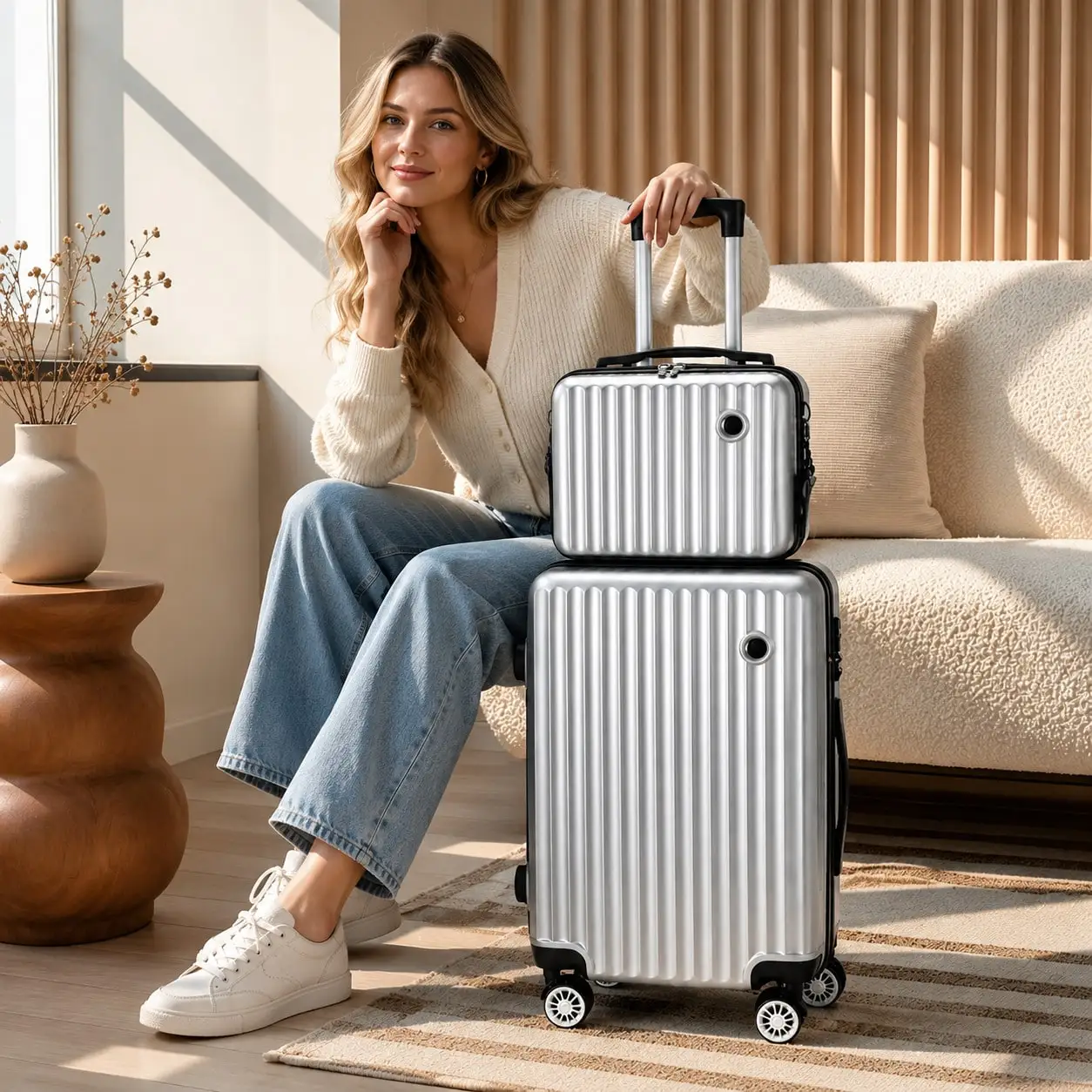 Juego de maletas rígidas de dos piezas, maleta con ruedas y carcasa rígida, con neceser de viaje a juego, maleta de viaje ligera con ruedas, 360. ° Ruedas giratorias y asa telescópica ajustable para viajes de negocios y vacaciones en avión, tanto para hombres como para mujeres.