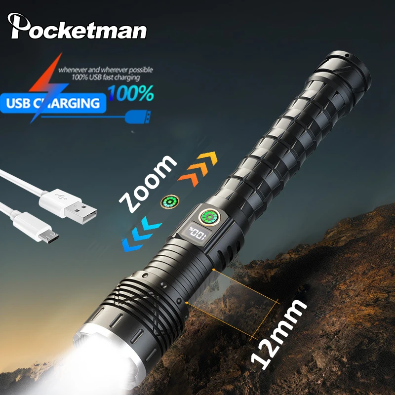 Powerful LED Flashlight Aluminum Alloy 5 Lighting Modes Zoom Torch Type-C USB Rechargeable Flashlights Power Bank Function
