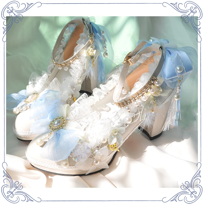 Lolita High Heels Women's Fantasy Lovely Bow Lace Handmade Cosplay Show Party Props Summer Dress Princess Shoes High Quality