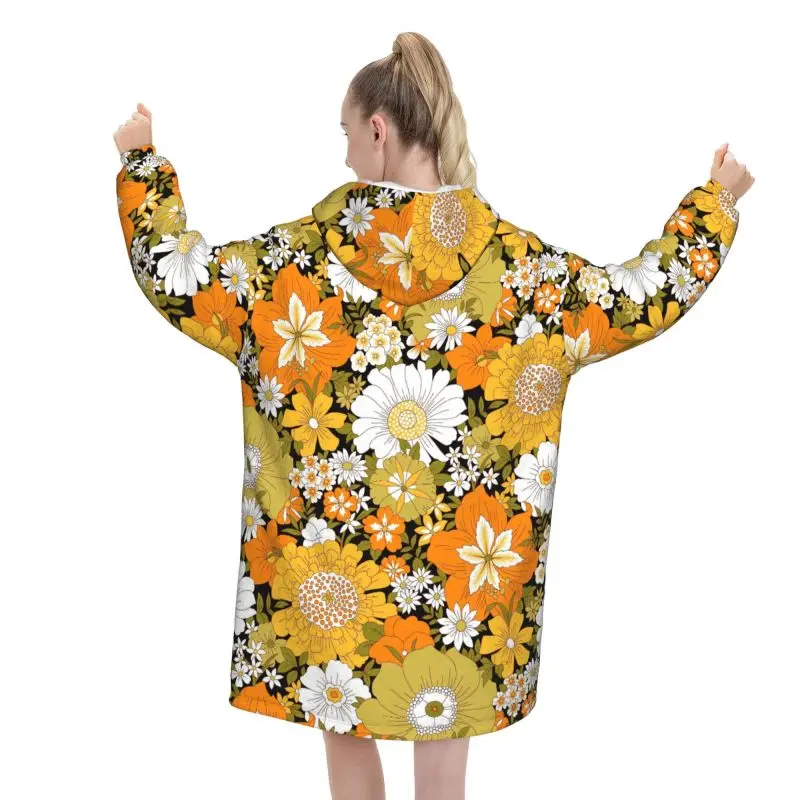 Hippie Flower Floral Retro Blanket Hoodie for Women Girls Oversized Wearable Pullover Sweatshirt Fleece Sherpa Hooded Blankets