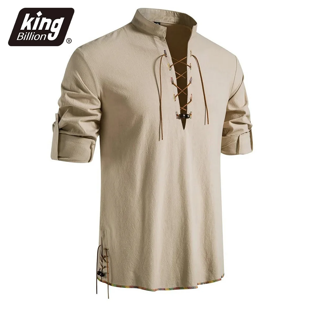 Men's Henley Neck Medieval Shirt Retro Viking Pirate Lace Up Tops Long Sleeve Cotton Lightwieght Party Gothic Style Tees