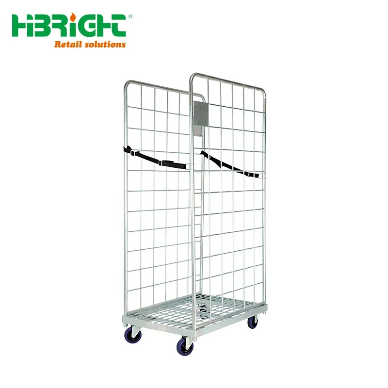 3 sided nestable foldable Heavy duty logistics wire mesh roll container roll cage container trolley