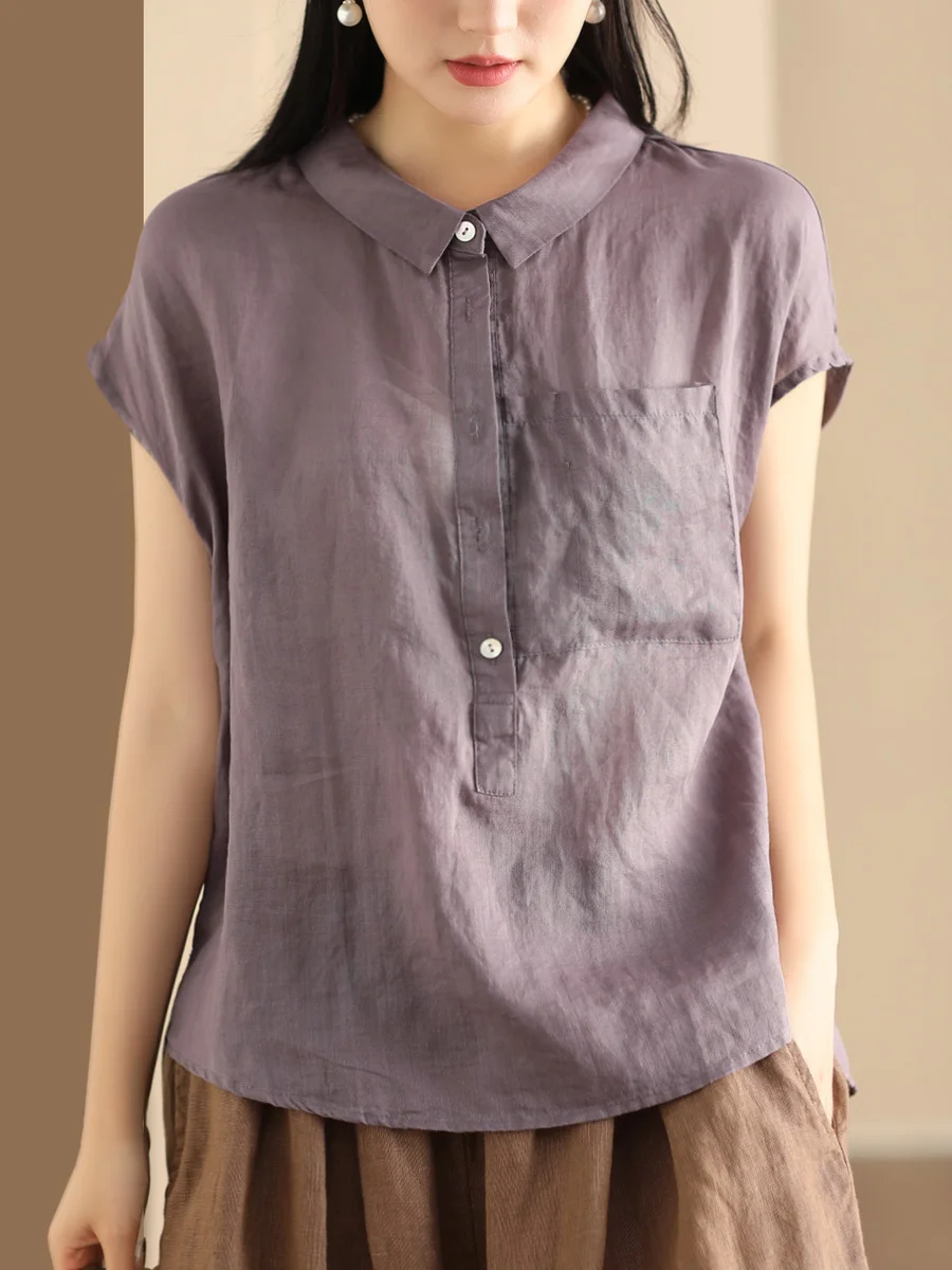 

Ретро-рубашка из льна с двойным воротником для женщин, однотонная, универсальная, с коротким рукавом, летний топ