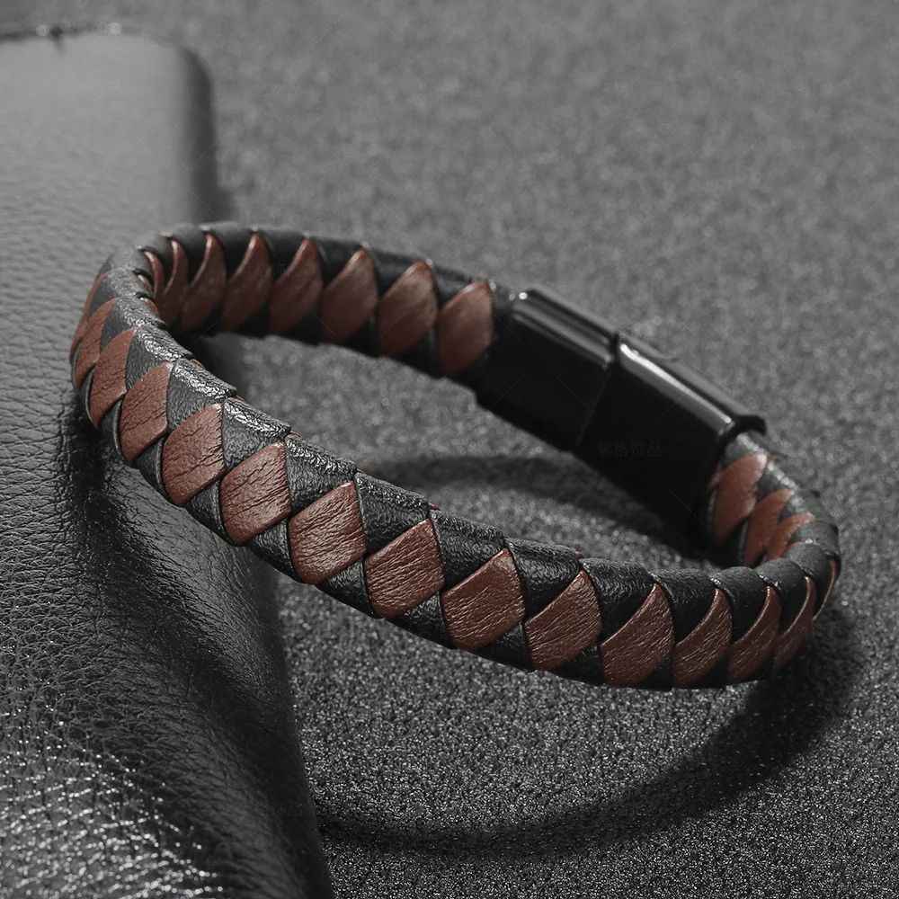 ZG 2024 New Simple Style Vintage Braided Men's Leather Bracelet Mixed Color Alloy Magnetic Clasp Bracelet