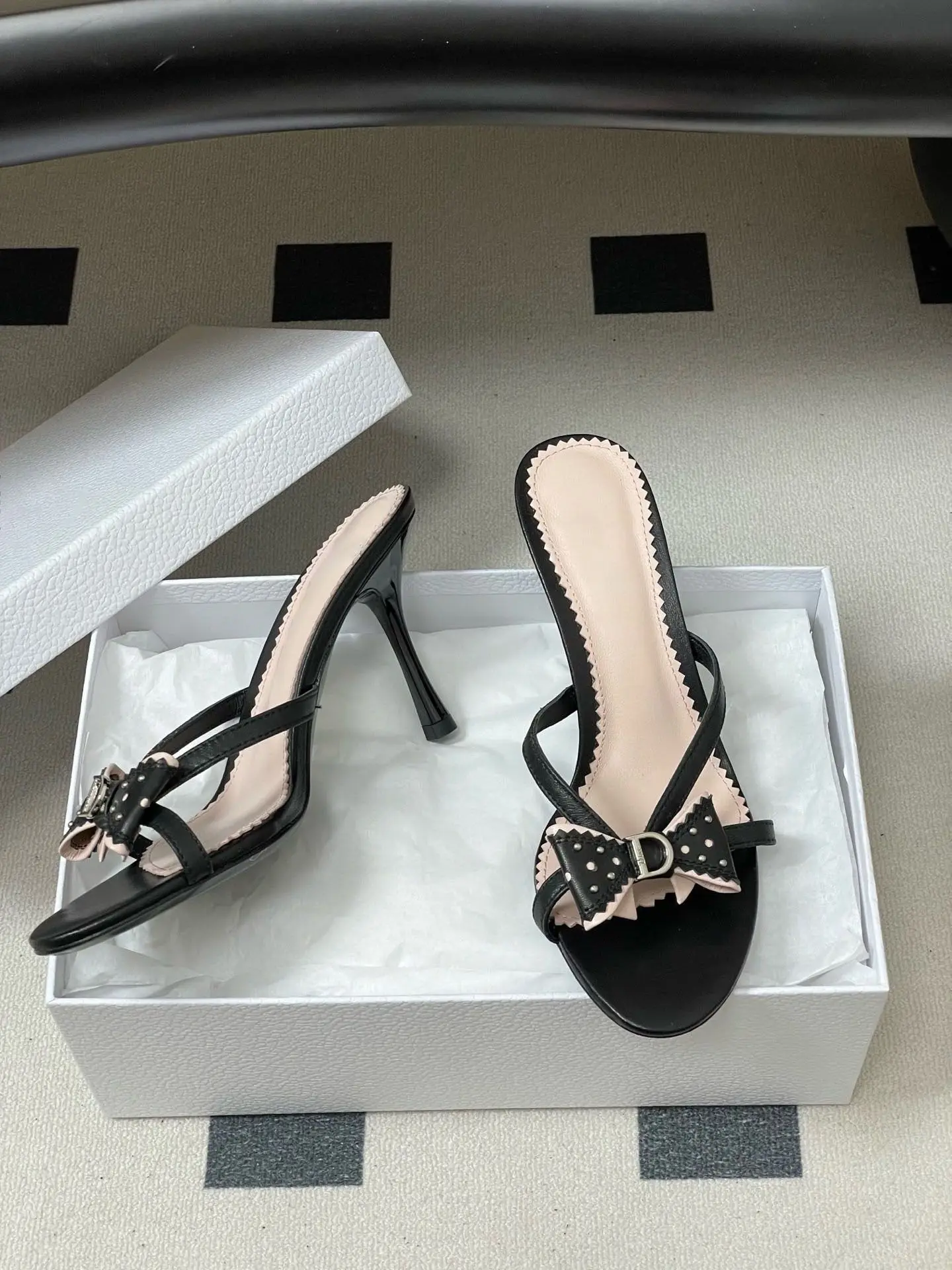 2026 New Sweet Pink Bow Rivet High Heels Women Elegant Thin Strap Stiletto Slippers Fashion Open Toe Slide Sandals Ladies Shoes