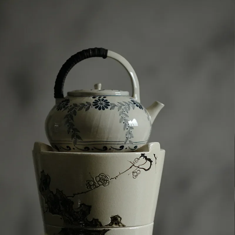Underglaze Ceramic Teapot with Rattan Handle for Outdoor Charcoal Stove Traditional Chinese Kung Fu Tea Set Warm Brewing Pot