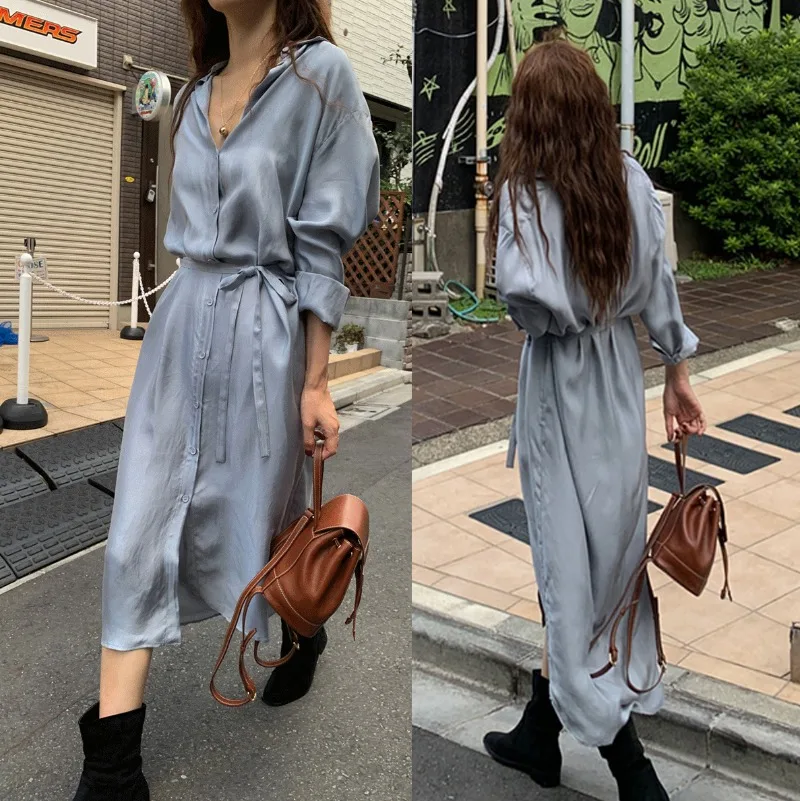 Single Breasted Vestidos Mujer 2025 Women Dresses Laple Neck Loose Dress Lazy Style Long Sleeve Vestido Loose Casual Robes