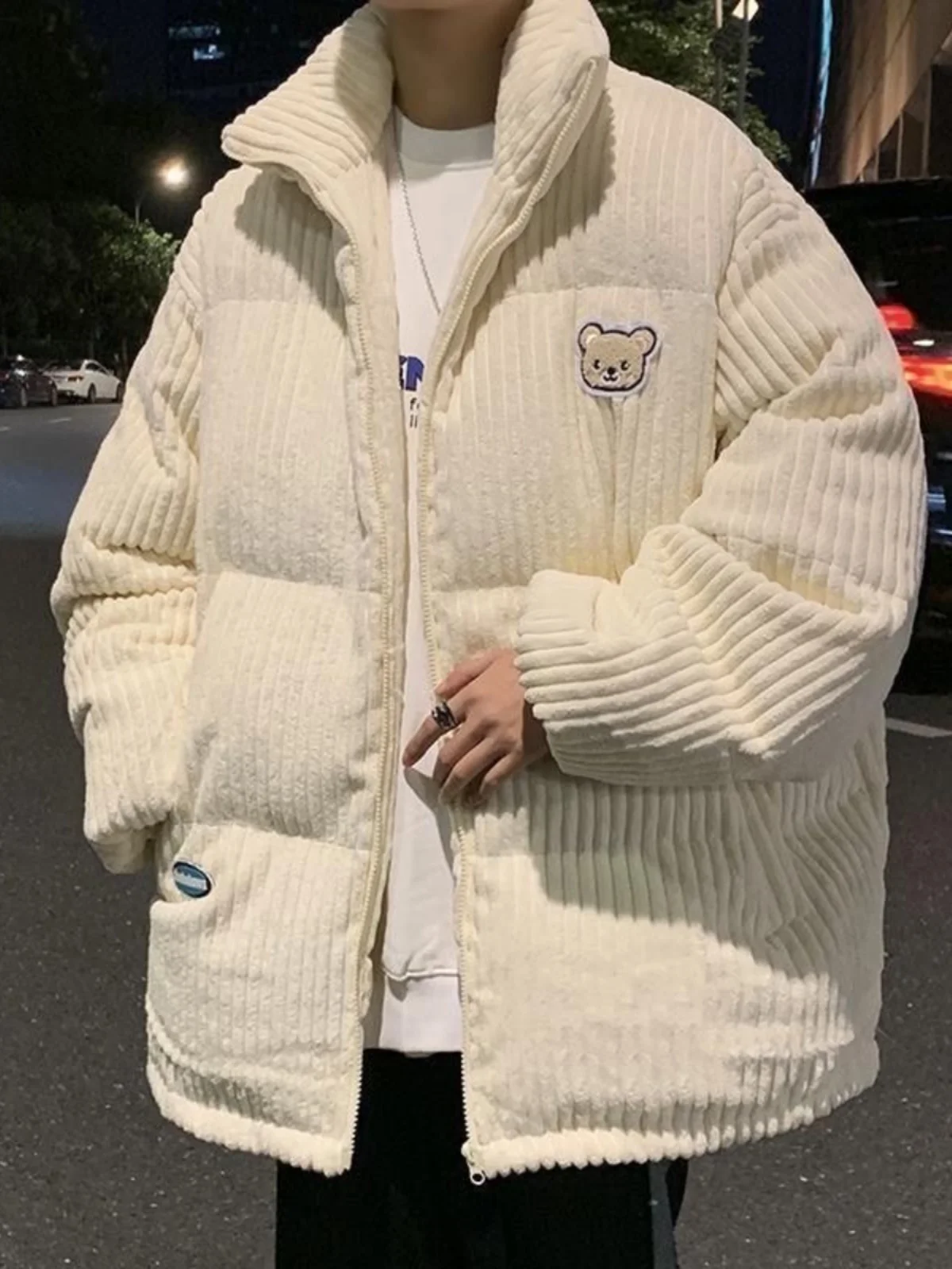 جاكيت رجالي شتوي من قماش الكوردروي بتصميم دب، سميك وفضفاض، معطف قطني عصري للشباب، إغلاق بسحاب، دافئ ومضمون الدفء