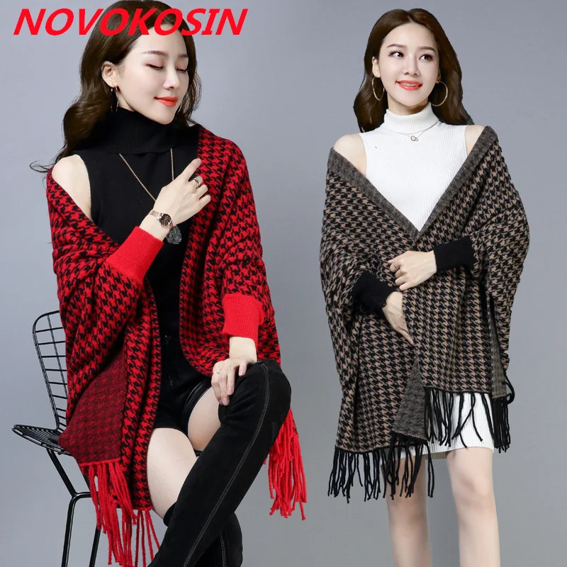 

Female Outstreet Wear Winter Houndstooth Knitted Cardigan Capes Women Long Batwing Sleeves Tassel Vintage Mink Velvet Knitwear