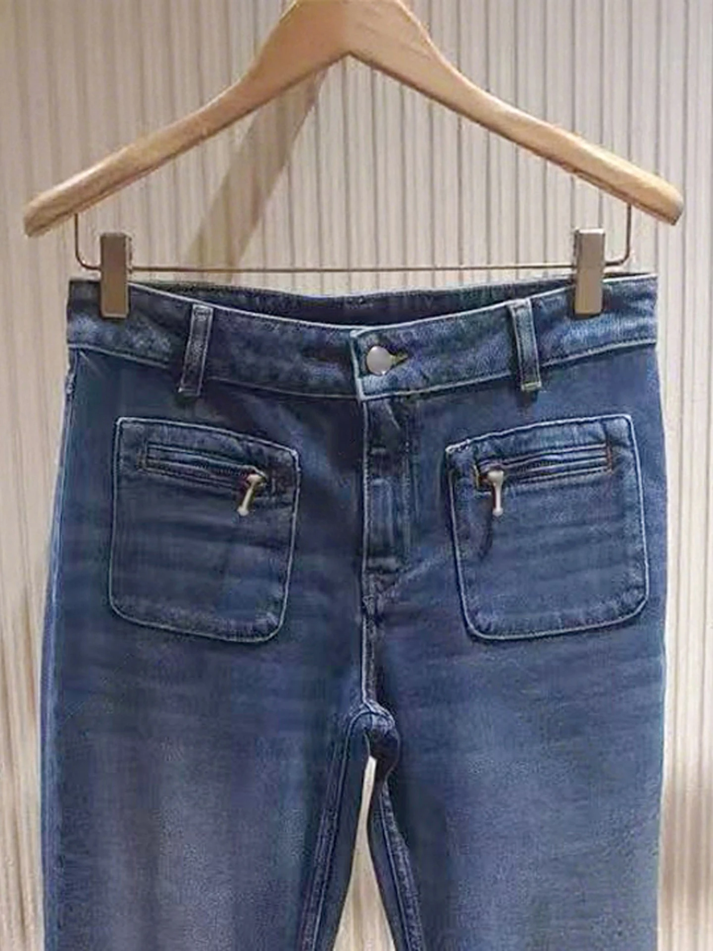 Celana Jeans Wanita Model Retro Lurus Bahan Denim Tebal, Pinggang Tinggi, Kancing Ritsleting, Warna Kasual