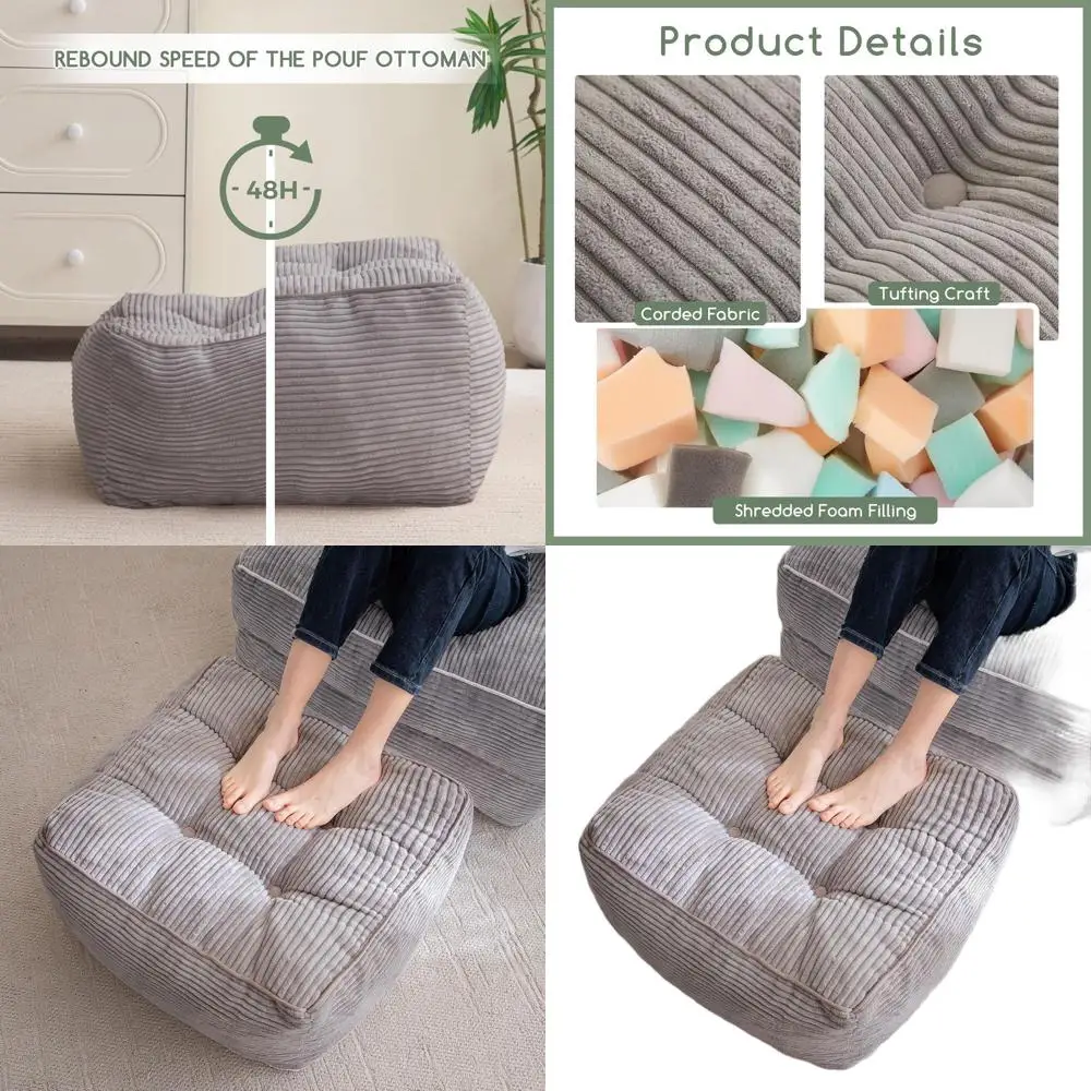 Pouf ottoman rempli de mousse en velours côtelé gris, repose-pieds de rangement carré 25.6 pour le salon