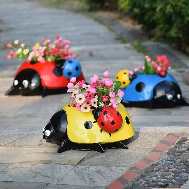 Cute Resin Ladybug Figurine- Red Yellow Blue seven-star ladybug, Garden Ornament, Outdoor Decor