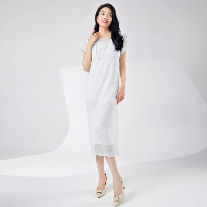 Miyake fada charme vestido feminino malha macia dupla camada respirável branco simples moda saia midi plissada [24321zsj-9947]