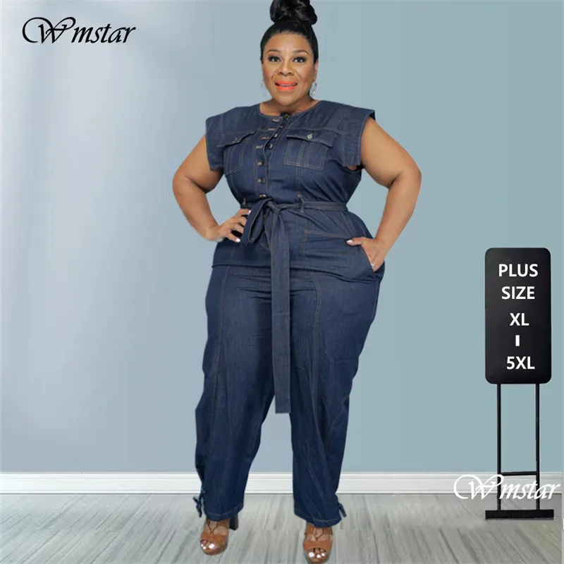 Tuta Plus Size abbigliamento donna Denim girocollo allacciato senza maniche pantaloni tasca Stretch body Dropshipping all'ingrosso