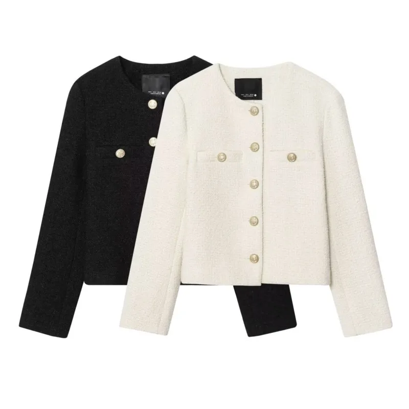 

Elegant Chic Tweed Blazer Coat Women 2025 New Autumn Winter Fashion Retro Short Jacket Outerwear Female Office Lady Casual Coats
