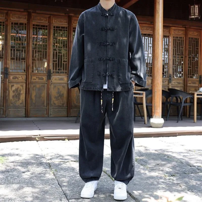New Autumn Large Size 300 Pounds Wind Buttoned Denim Shirt Jacket Men's Trendy Casual Set Youth Seven Sleeve Length Pure Color