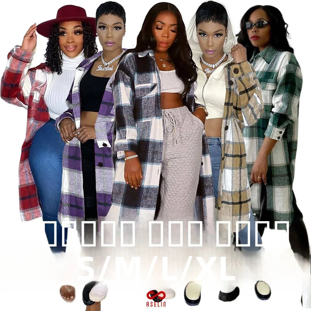 ロングチェック柄ポケット生地ウールジャケットシャツレディースホーム服暖かさ春秋冬シーズンファッショナブルなアウターウェア