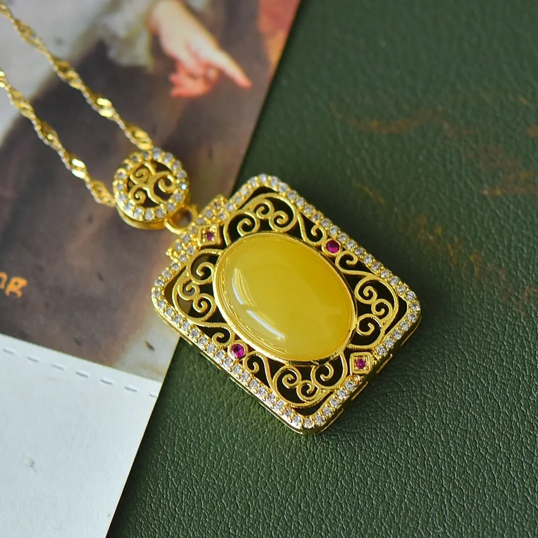 Natural Amber Necklace Women Healing Gemstone Fine Jewelry Genuine Baltic Amber ﻿luxury Zircon Ruby Rectangular Pendant Necklace