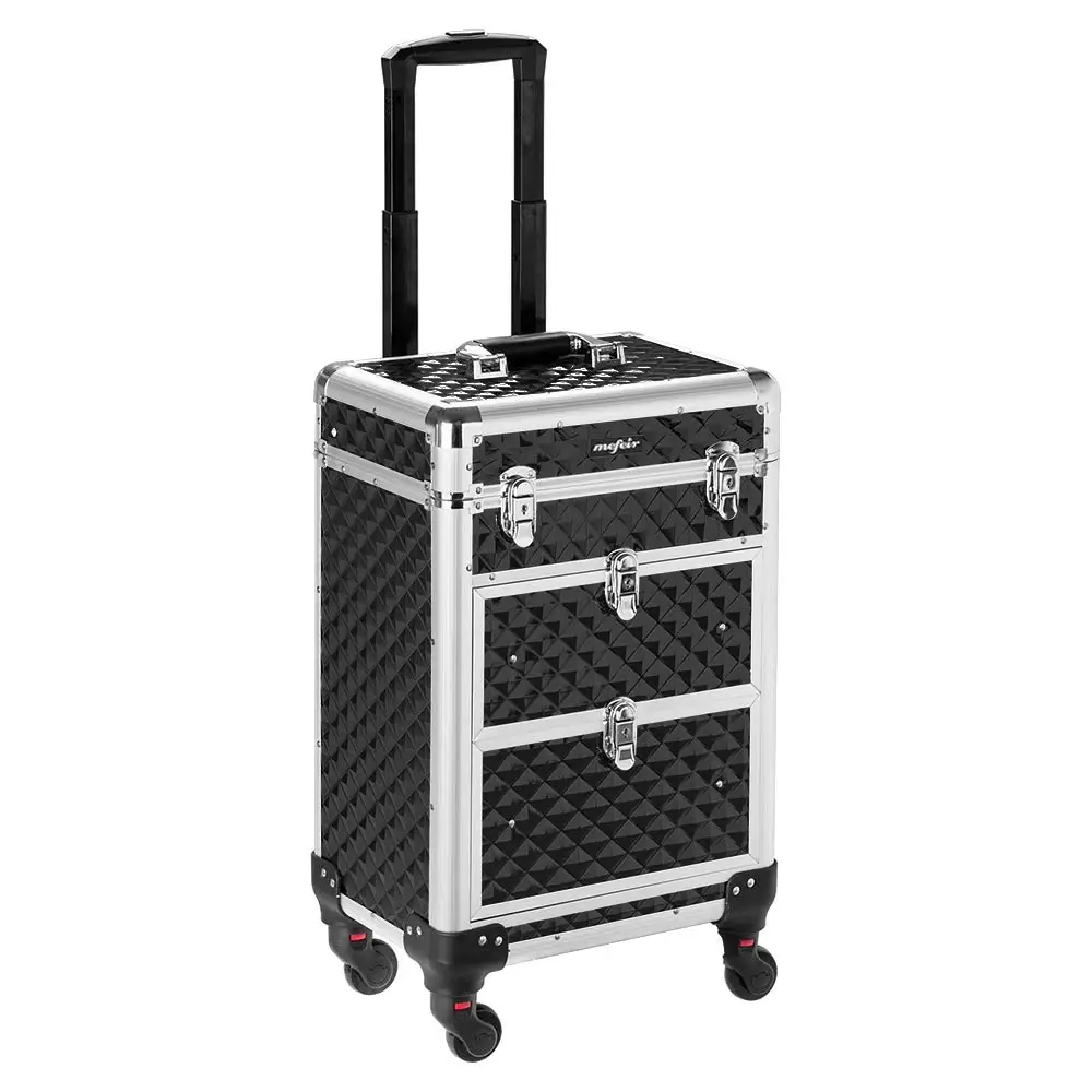 Portable Aluminum Rolling Makeup Case with Lock, Wheels & Drawers for Travel Organizer