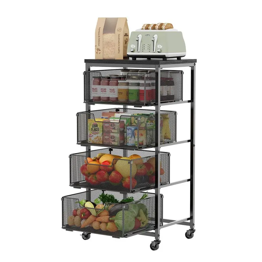 

Fruit Vegetable Storage Cart Kitchen Organizer and Storage Cart with Wheels, Wooden Top Metal Wire Fruit Vegetable Rack Stand wi