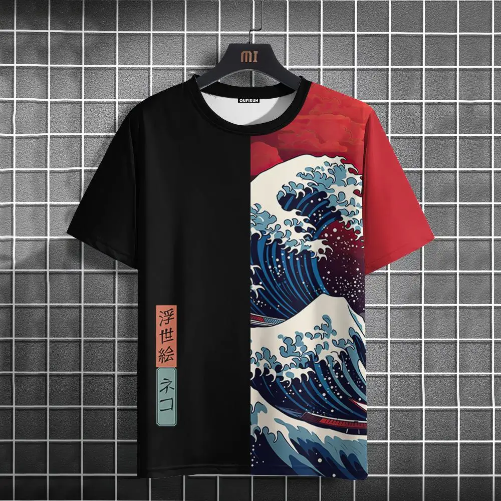 Japanese Style Men\'s T-Shirt Ukiyo-e Sea Wave Pattern Printing T-Shirts Casual Loose Short Sleeve Tee Oversized Men Clothing Top