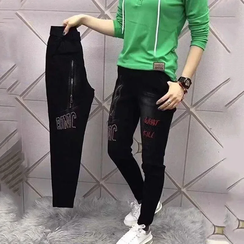 

2024 Spring Autumn New Casual Pants Women Black Denim Jeans Fashion Small Feet Pant Punk New