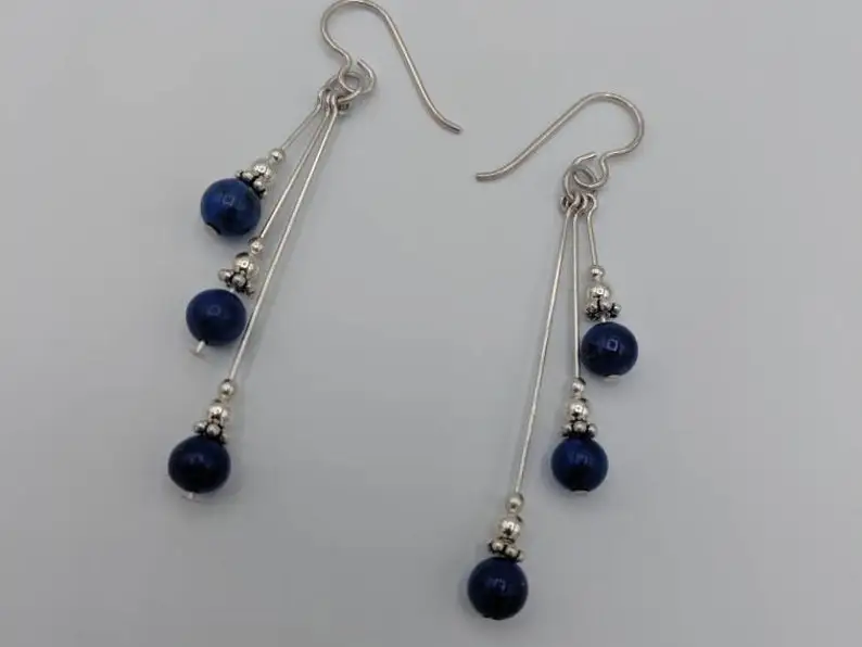 Lapis lazuli earrings, asymmetric earrings, handmade lapis lazuli beaded jewelry