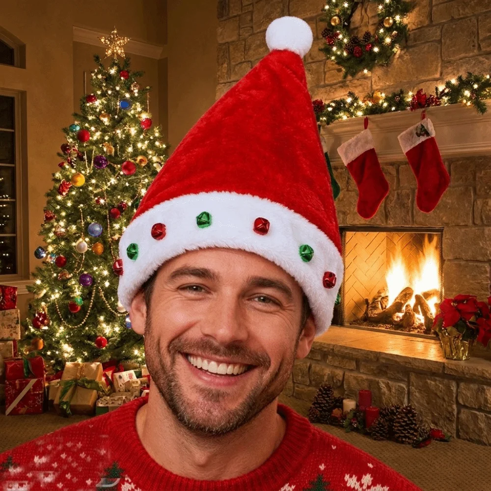 Multi Colored Red Christmas Hat Funny Interactive Design Fur Xmas Cap Lightweight with Sewn Bells Santa Hat Adult Child