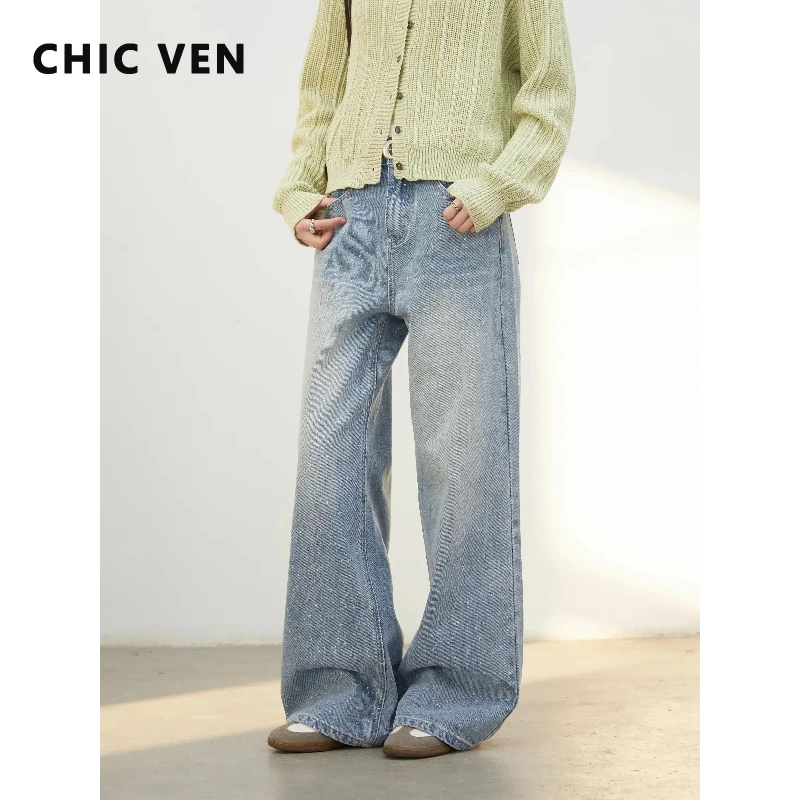 

CHIC VEN Новые женские джинсы синие свободные повседневные широкие слегка расклешенные джинсовые брюки для женщин, выбеленные, облегающие, весна-осень 2026