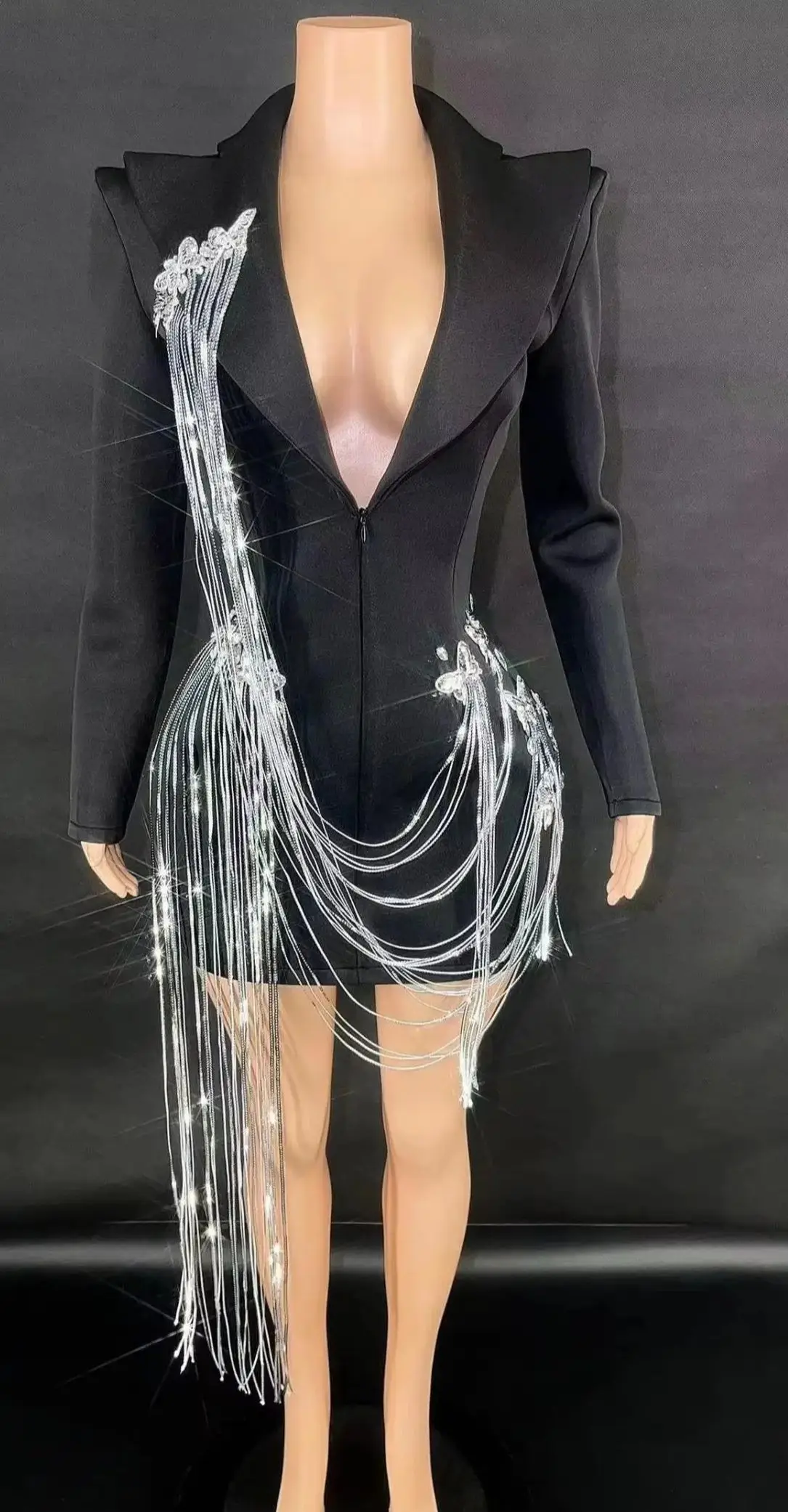 

ZD Сексуальная черная куртка с длинным рукавом и V-образным вырезом Вечернее пальто для выпускного вечера Блейзеры для выступлений на сцене Женский костюм с блестками и кисточками Женский костюм Клубный блейзер для вечеринок