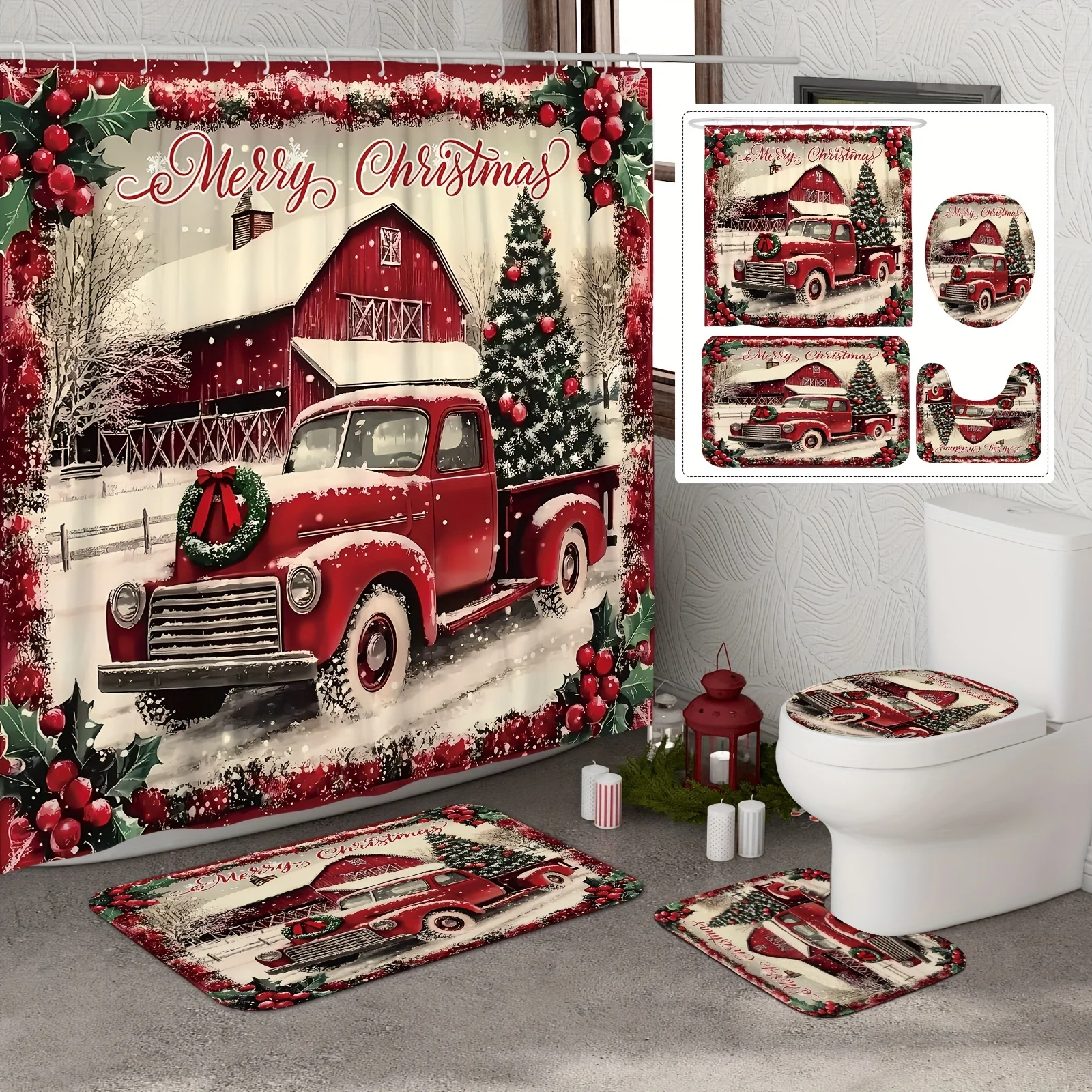 

4 шт., набор занавесок для душа с нескользящим ковриком и чехлом для унитаза, винтажный красный, зеленый полиэстер, рождественский декор