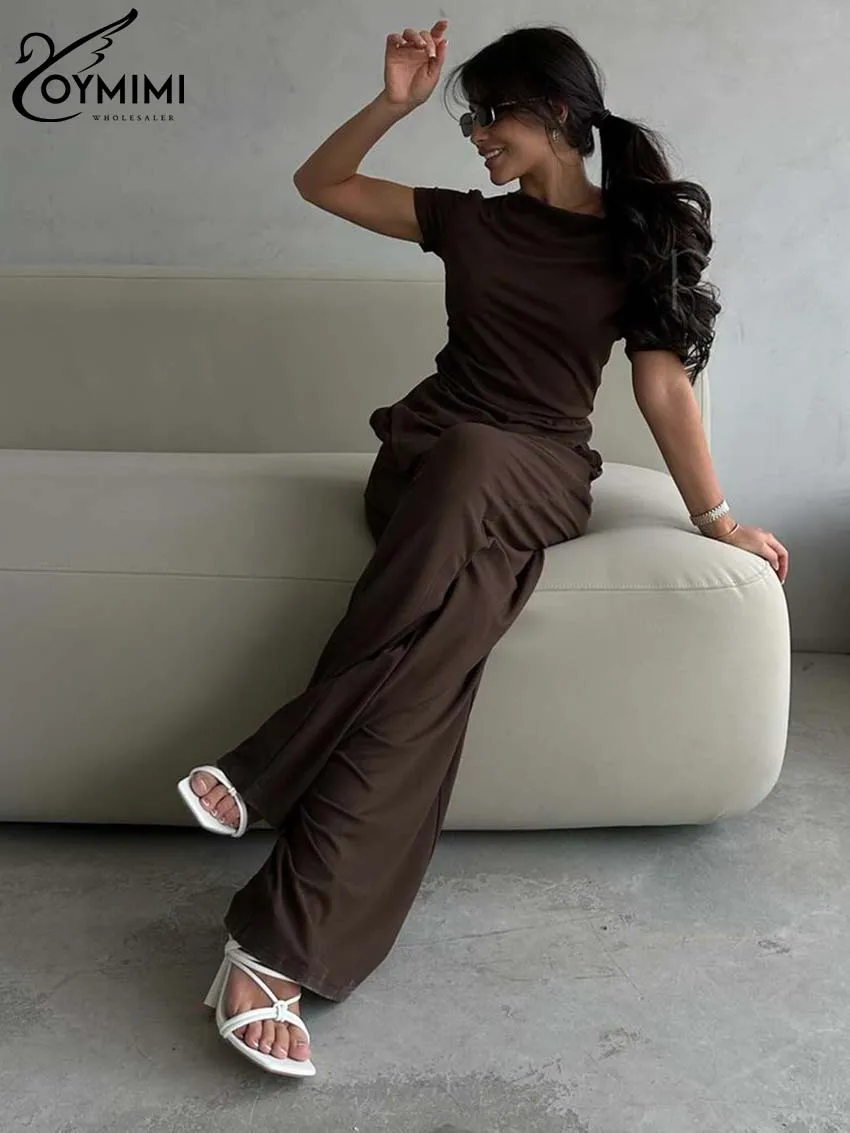 

Oymimi Fashion Brown Knitting Women 2 Piece Set Outfit Casual Short Sleeve Simple Blouses And Straight Pockets Trousers Sets