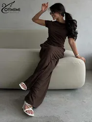 Oymimi Fashion Brown Knitting Women 2 Piece Set Outfit Casual Short Sleeve Simple Blouses And Straight Pockets Trousers Sets