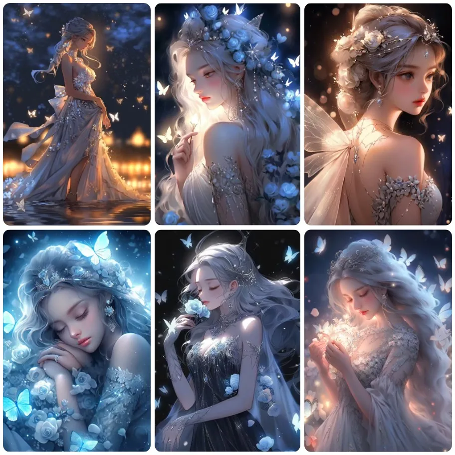 

DIY Silver Hair Butterfly Fairy Lass Jigsaw Puzzle, Blue Rose Glowing Gown Night Sparkle Fantasy Portrait Wall Decor