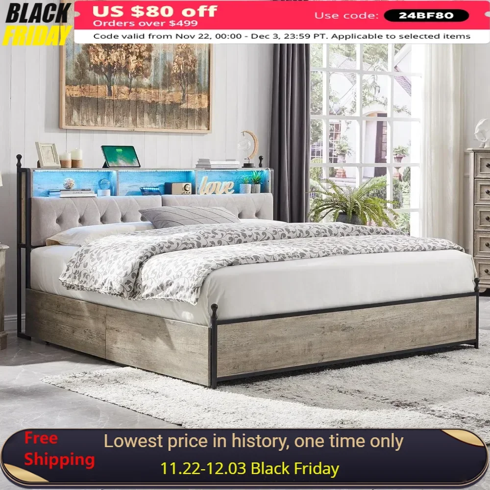 Queen Bed Frame with Upholstered Headboard Storage Drawers, Charging Station and LED, No Box Spring Needed，Bed Frame