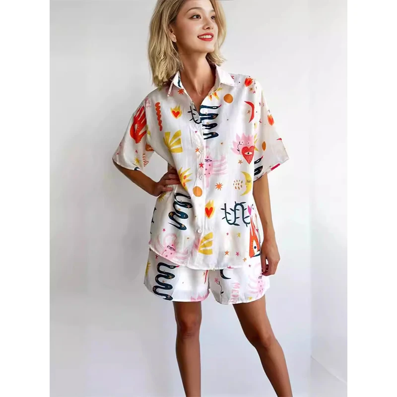 

2024 New Fashion Women Shorts Set Fruit Print Short Sleeve Shirt with Elastic Waist Shorts Summer Outfit